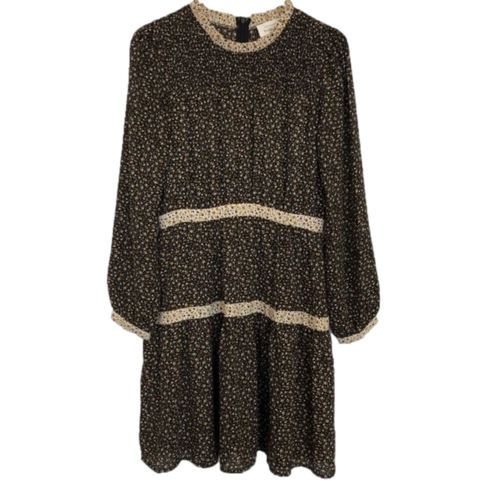 Bohme modest prairie dress long sleeve tiered dark floral puff sleeve Size S.